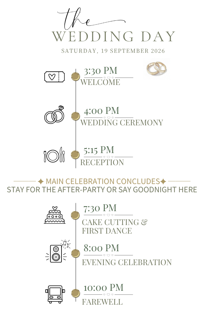 Wedding Day schedule: welcome at 3:30 PM, ceremony at 4:00 PM, reception at 5:15 PM, cake cutting and first dance at 7:30 PM, evening celebration at 8:00 PM, and farewell at 10:00 PM